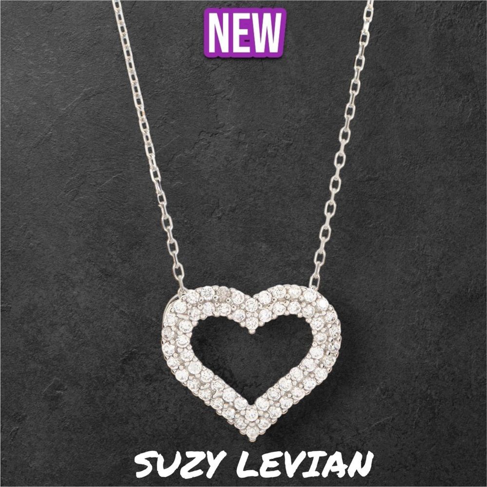 New NWT SUZY LEVIAN Sterling Silver Pave CZ Heart Pendant Necklace